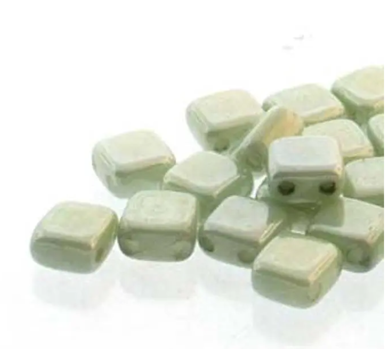 Tile Mini Chalk Green Luster, Czech Glass 2-Hole beads 5mm x 5mm, Qty 30 beads 02010-14457