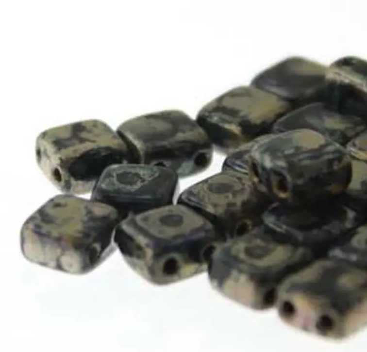 Tile Mini Black Picasso, Czech Glass 2-Hole beads 5mm x 5mm, Qty 30 beads 23980-43400