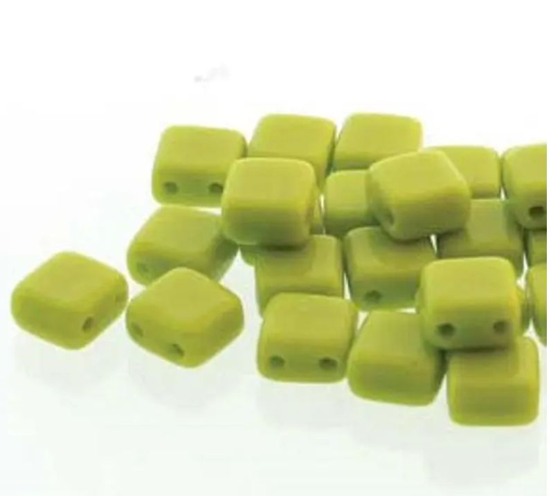 Tile Mini Green Opaque, Czech Glass 2-Hole beads 5mm x 5mm, Qty 30 beads 53400