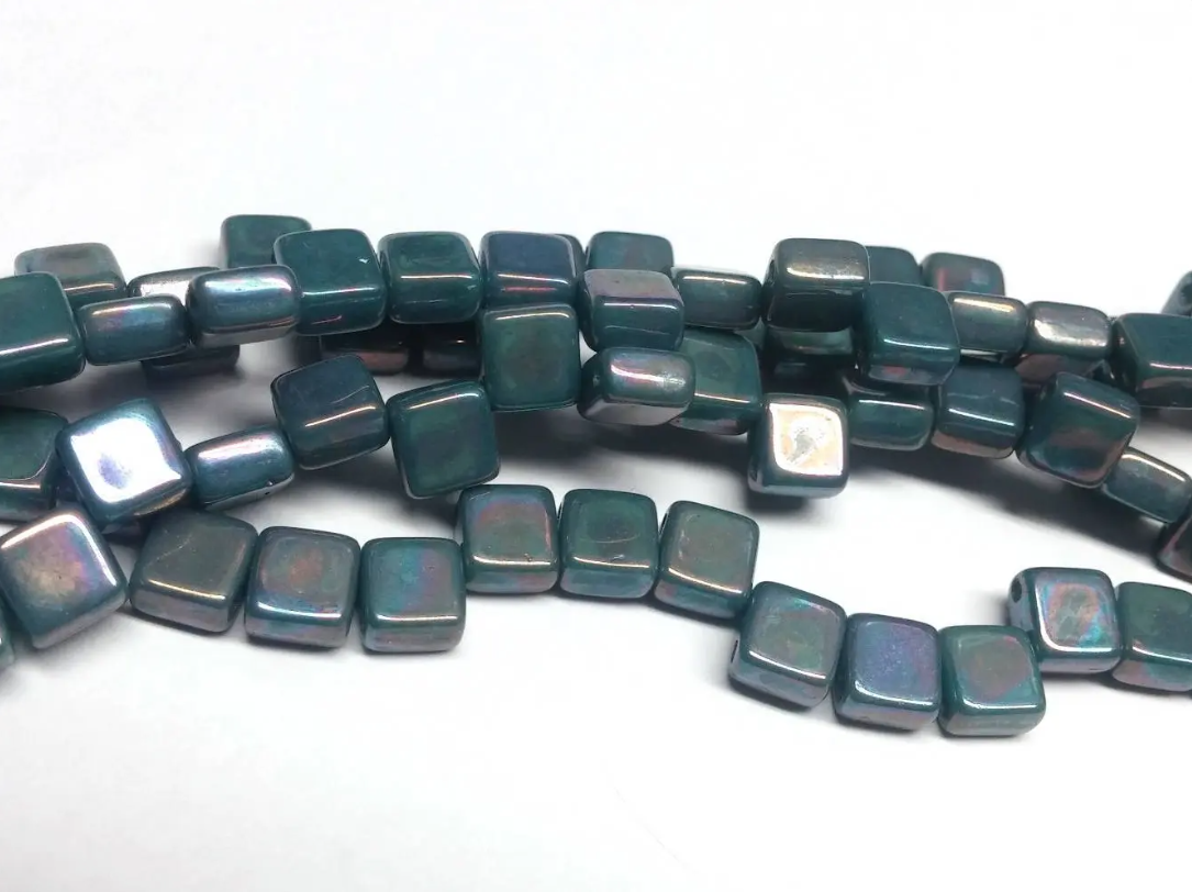 Tile Mini Turquoise Nebula, Czech Glass 2-Hole beads 5mm x 5mm, Qty 30 beads 63130-15001