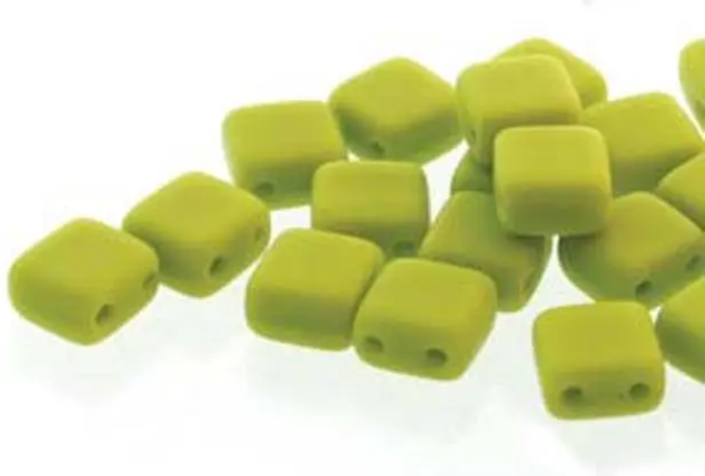 Tile Mini Green Matte, Czech Glass 2-Hole beads 5mm x 5mm, Qty 30 beads 53400-84110