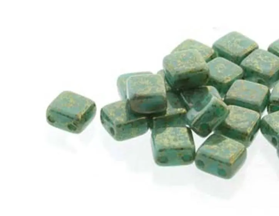 Tile Mini Turquoise Lumi, Czech Glass 2-Hole beads 5mm x 5mm, Qty 30 beads 63130-15495