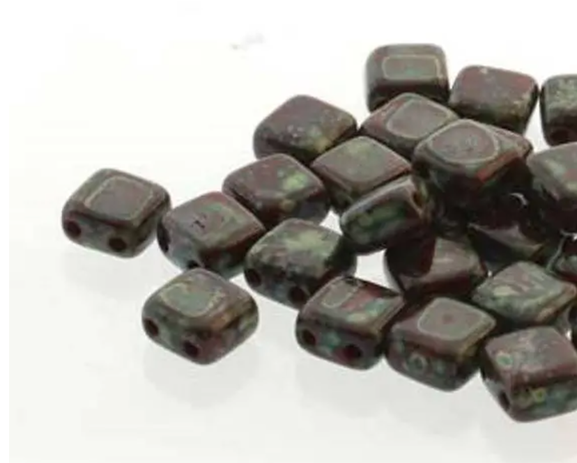 Tile Mini Red Dark Travertine, Czech Glass 2-Hole beads 5mm x 5mm, Qty 30 beads 93210-86805