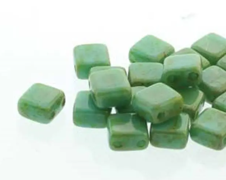 Tile Mini Turquoise Dark Travertine, Czech Glass 2-Hole beads 5mm x 5mm, Qty 30 beads 63130-86805