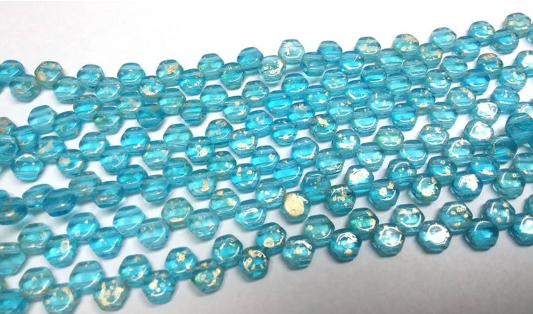 Gold Splash Aqua Honeycomb, Hex 2-Hole Beads Czech Glass 6mm, 60030-94401-76 beads