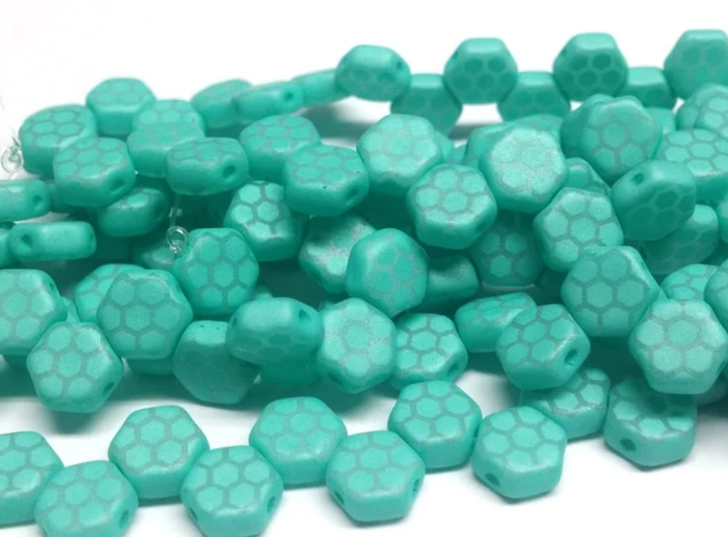 Silk Turquoise Core Honeycomb Silk Laser,  Hex 2-Hole Beads Czech Glass 6mm, 29569HC-30 beads