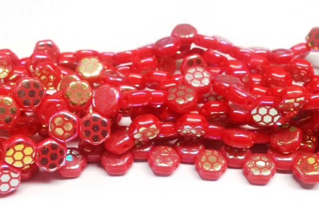 Red Laser Core AB Honeycomb, Hex 2-Hole Beads Czech Glass 6mm, 28703HC-30 beads