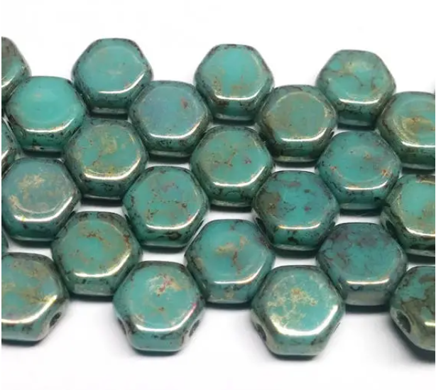 Honeycomb Green Turquoise Lumi, Hex 2-Hole Beads Czech Glass 6mm, 15495-30 beads