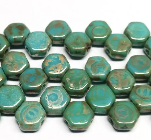 Honeycomb, Blue Turquoise Picasso, Hex 2-Hole Beads Czech Glass 6mm, 43400-30 beads