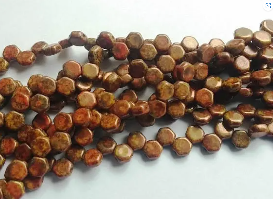 Hodge Podge Honeycomb Orange Bronze, Hex 2-Hole Beads Czech Glass 6mm, 699994-15695 30 beads