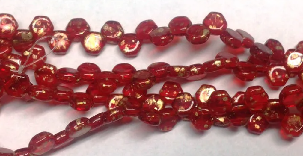 Gold Splash Ruby Honeycomb, Hex 2-Hole Beads Czech Glass 6mm, 90080-94401-30 beads