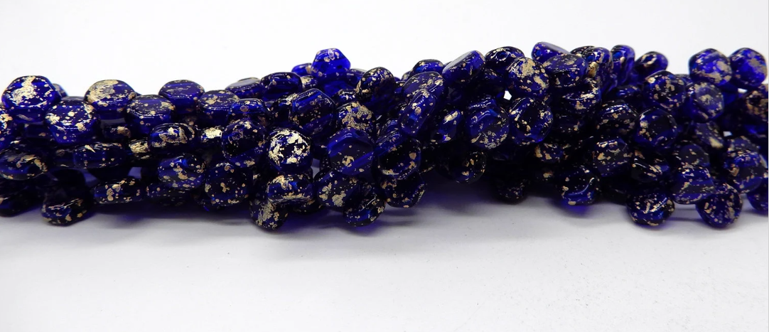 Gold Splash Cobalt Transparent Honeycomb, Hex 2-Hole Beads Czech Glass 6mm, 630090-94401 30 beads