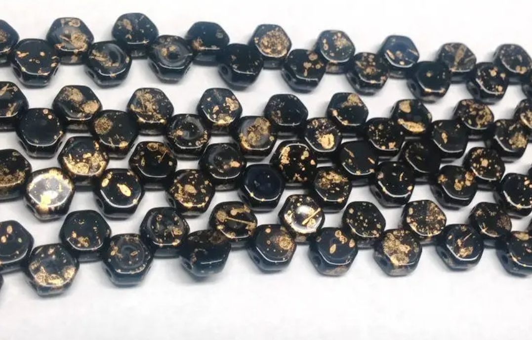 Gold Splash Jet Honeycomb, Hex 2-Hole Beads Czech Glass 6mm, 23980-94401-30 beads