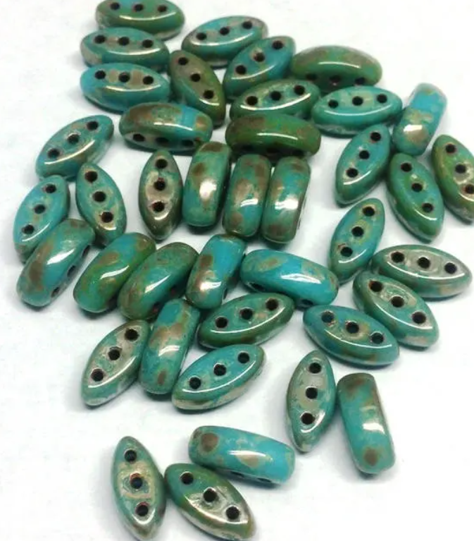 Cali Bead Blue Turquoise Picasso, Czech Glass 3-Hole Bead, 3X8MM 40 Beads 43400