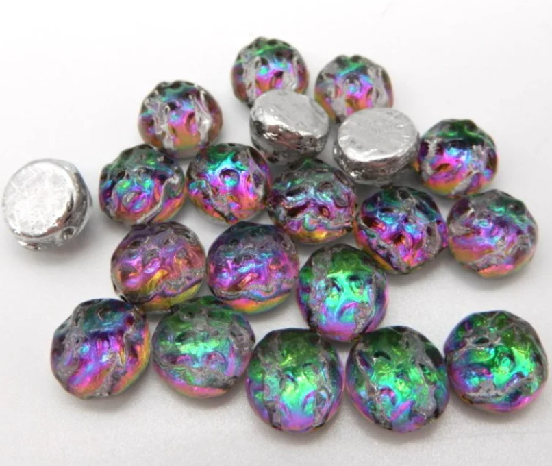 Backlit Spectrum, Baroque 2 hole Cabochon 7mm, 86 Beads, 29436 Czech Glass Beads