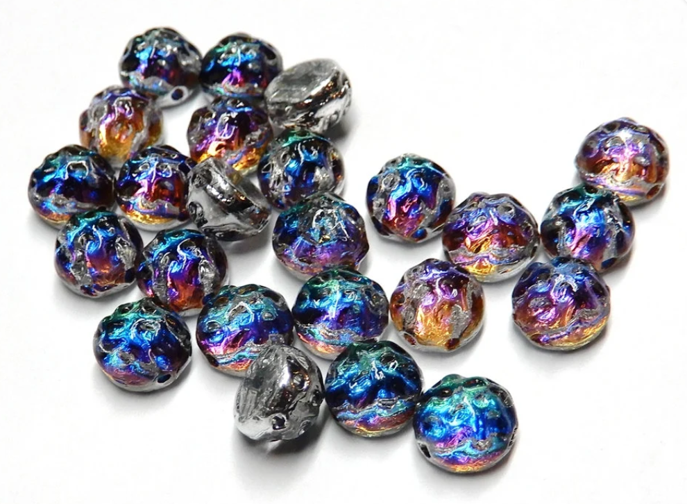 Backlit Petroleum, Baroque 2 hole Cabochon 7mm, 12 Beads 26601, Czech Glass Beads