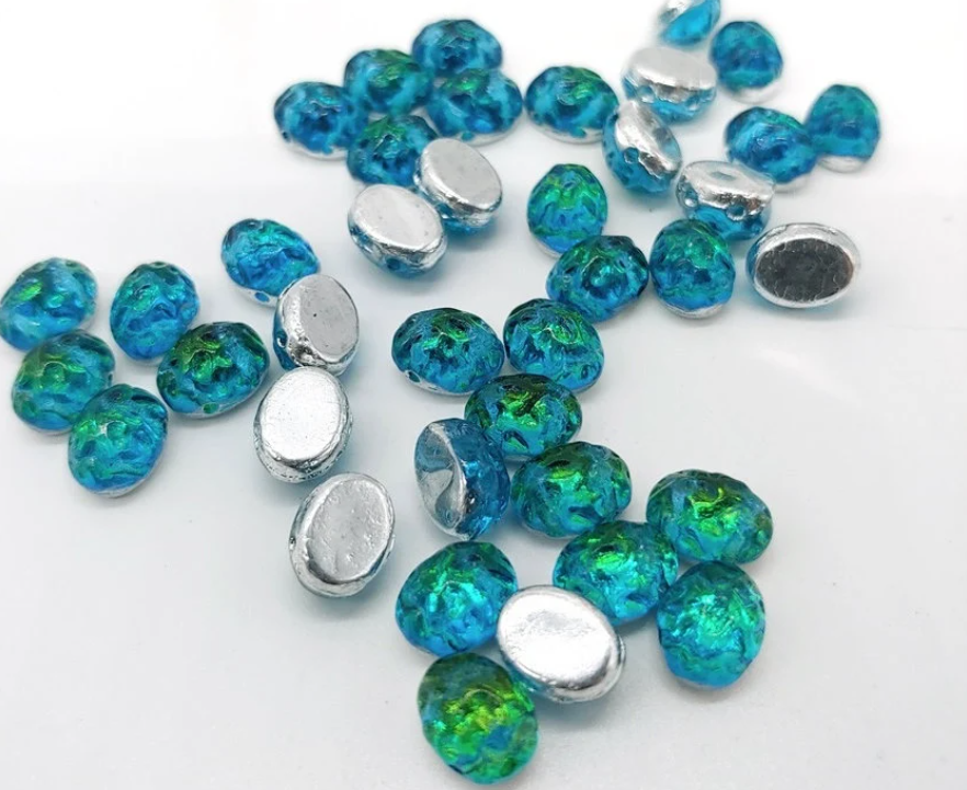 Backlit Oval Aquasol, Baroque 2 hole Cabochon 8x6mm, 18 Beads 29801, Czech Glass Beads