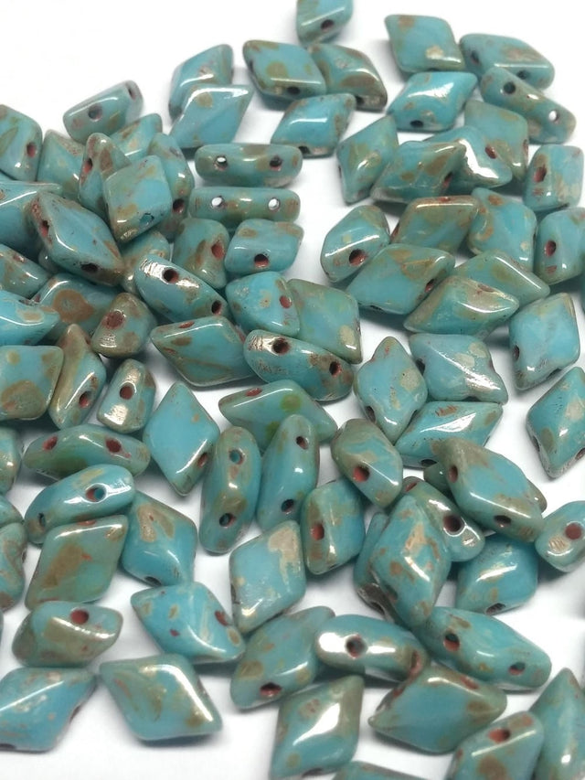 50 Beads-GemDuo Turquoise Blue Picasso, 2-Hole Matubo Czech beads 8x5mm, 43400