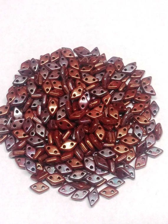 CzechMates Diamond Bronze Luster Iris Opaque Red, 2 hole Czech Glass 4x6.5mm R14415 100 beads, Free pattern with Czechmates Diamond purchase