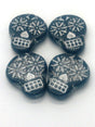 Sugar Skull Beads, Skull Beads, Jet Black Opaque with Silver Wash, 5 beads, 2979