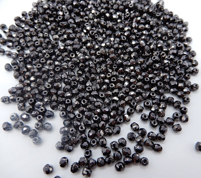 3mm Fire Polish Jet Antique Chrome, Czech glass faceted round bead, 23980-18549-50 beads