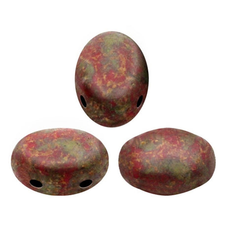 Samos® par Puca® Opaque Coral Red Deep Gold, 2 Hole 5x7mm Czech Glass 92300/15695, 25 beads or 10 grams