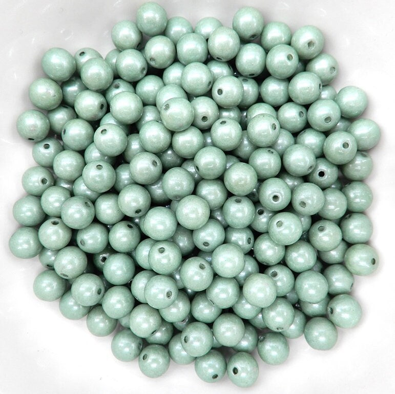 6mm Round, Chalk White Teal Luster Glass Beads, 14459 - 25 beads