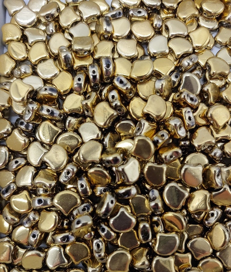 Ginko Bead Polished Brass, 2-Hole Czech Glass 7.5x7.5mm, 26440-35 Beads