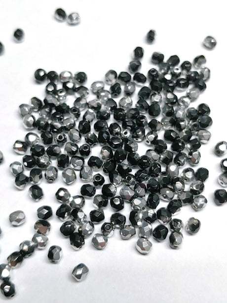 4mm Fire Polish Jet Silver, Czech glass faceted round J27001-50 beads