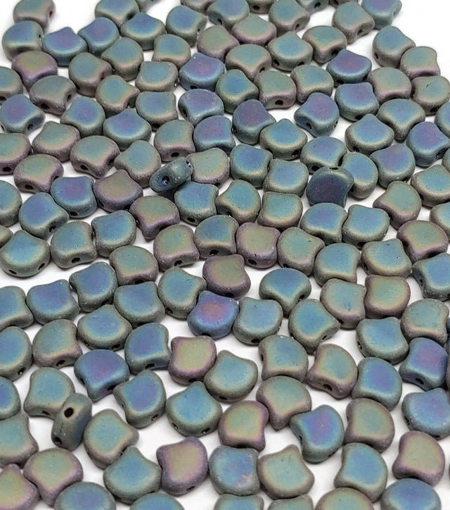 Ginko Bead Jet Green Iris Matte, 2 hole Czech Glass beads, 23980-21155 Qty 35 beads