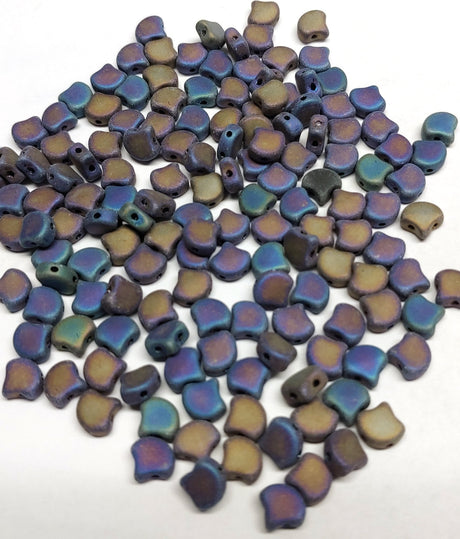 Ginko Bead Jet Rainbow Iris Matte, 2 hole Czech Glass 7.5x7.5mm, 23980-21105-35 Beads