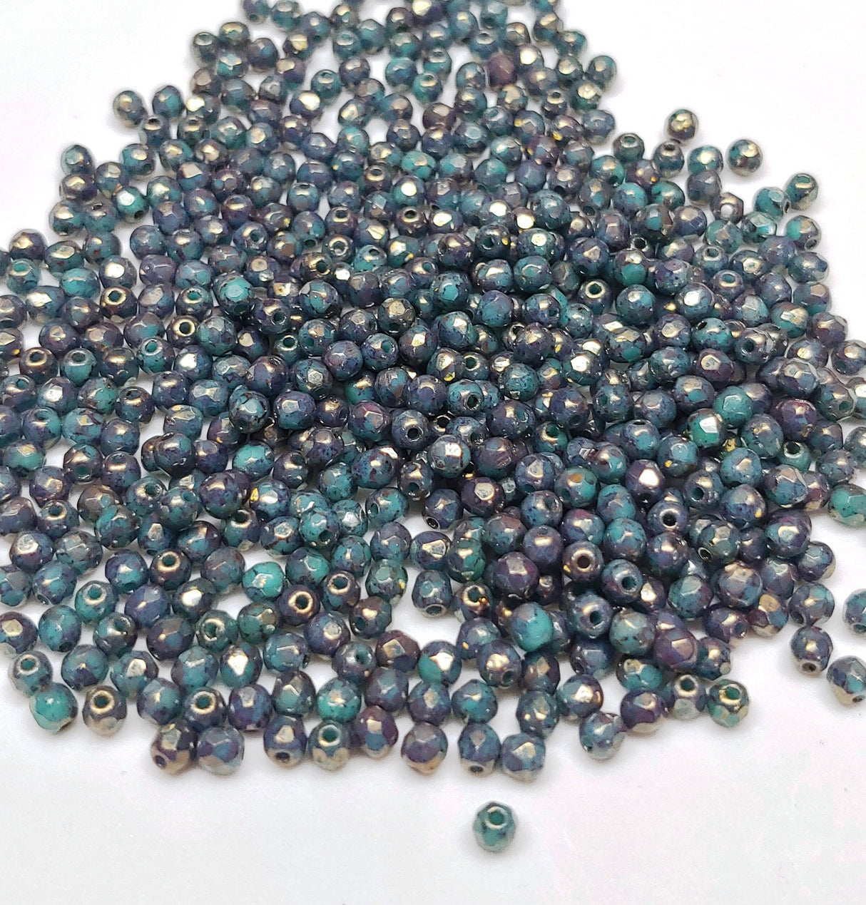 3mm Fire Polish Green Turquoise Bronze, Czech glass faceted round, 50 beads