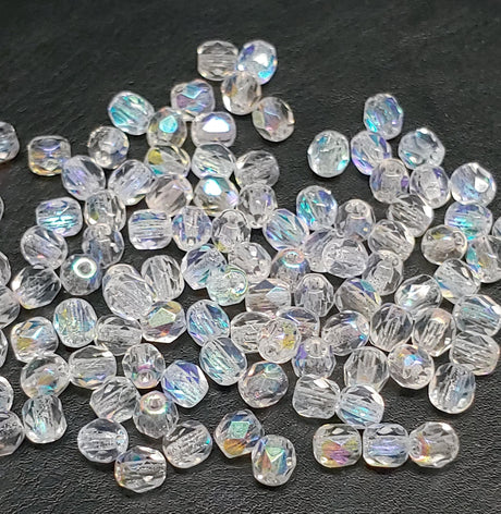 4mm Fire Polish Crystal AB, Czech glass faceted round CAB