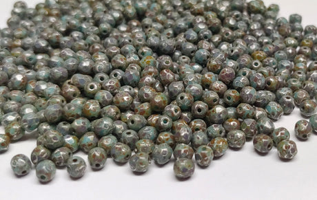 4mm Fire Polish, Opaque Blue Turquoise Picasso, Czech glass faceted round, 63030-43400 - 50 beads