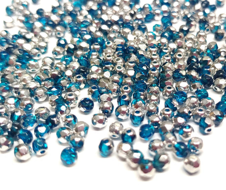 3mm Fire Polish Transparent Aqua Silver Half Coat, Czech glass faceted round, 60080-27001-50 beads