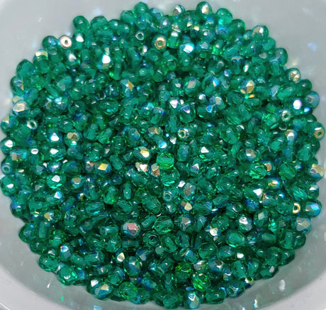 4mm Fire Polish Emerald AB, Czech glass faceted round bead, 50720/28701-50 beads