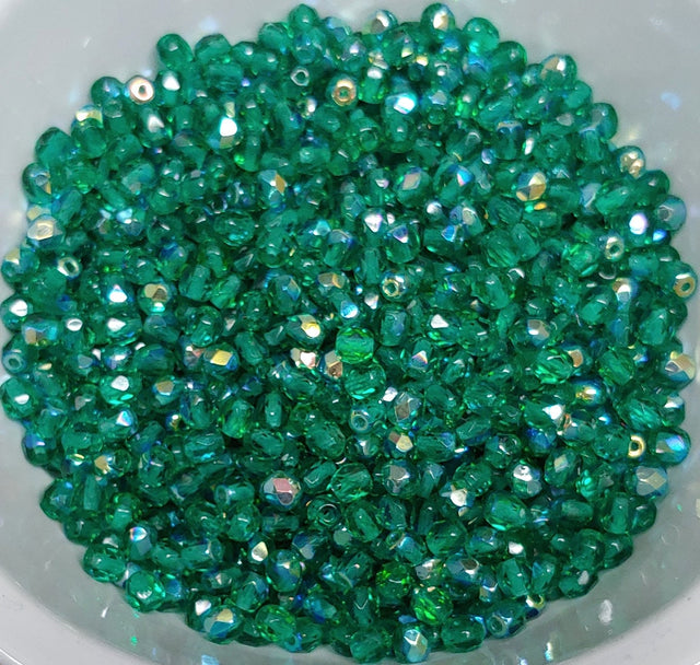 4mm Fire Polish Emerald AB, Czech glass faceted round bead, 50720/28701-50 beads