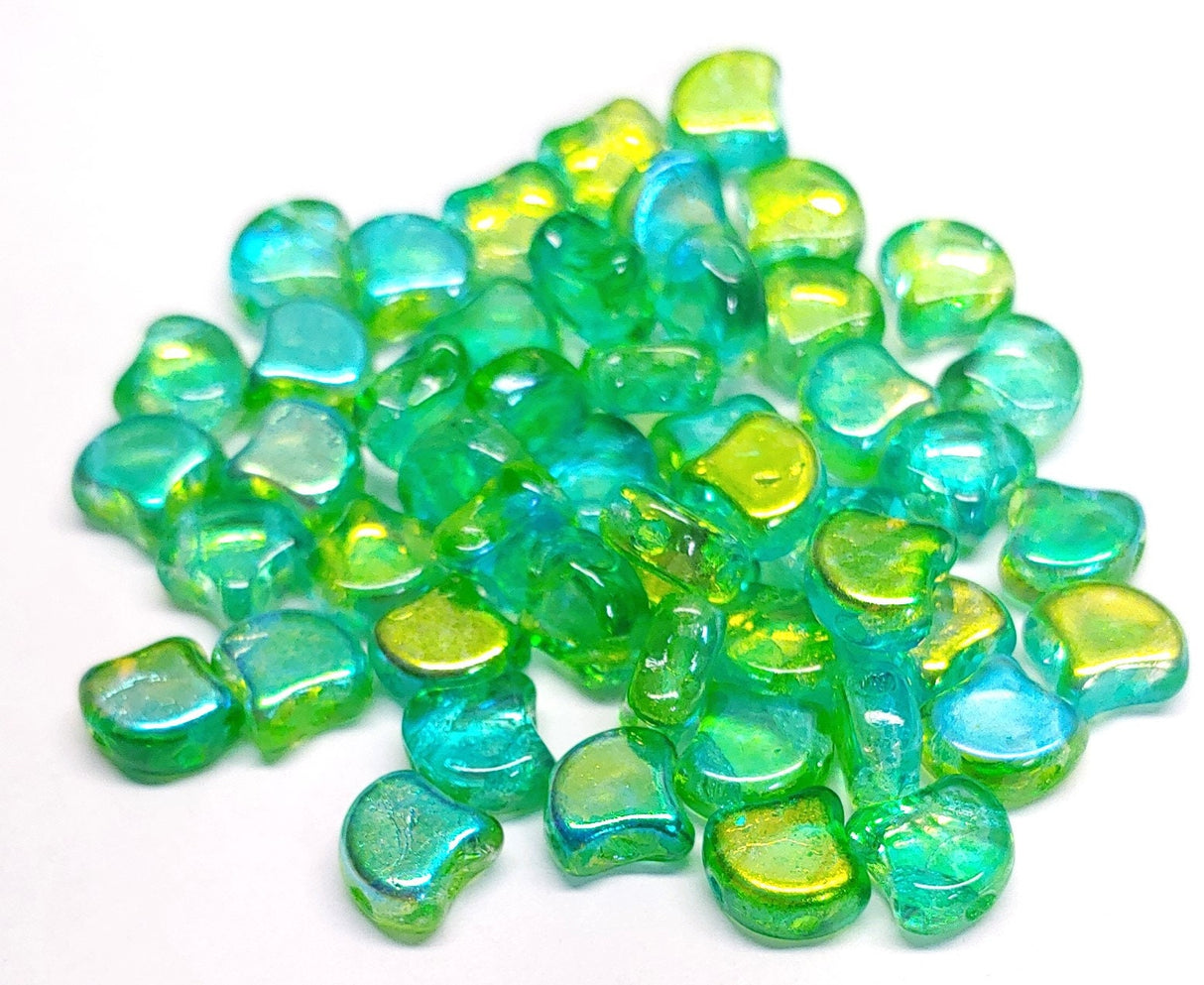 Ginko Bead Green Summer Rainbow, 2-Hole Czech Glass 7.5x7.5mm, 48110-35 Beads