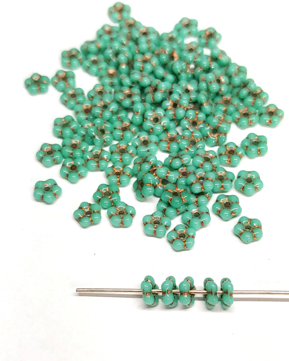 Forget-Me-Not 5mm Turquoise Lined Copper, Spacer Bead, Czech Pressed Glass, 63130-54319