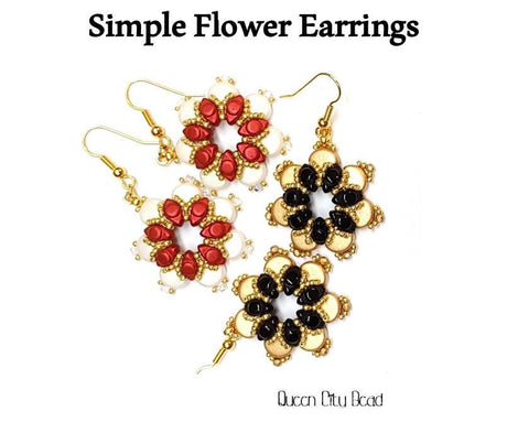 Simple Flower Earrings beading tutorial made by Queen City Bead, PDF digital download pattern