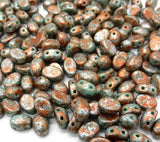 Samos® par Puca® Opaque Green Turquoise Tweedy, 2 Hole 5x7mm Czech Glass 63130/45703, 25 beads or 10 grams