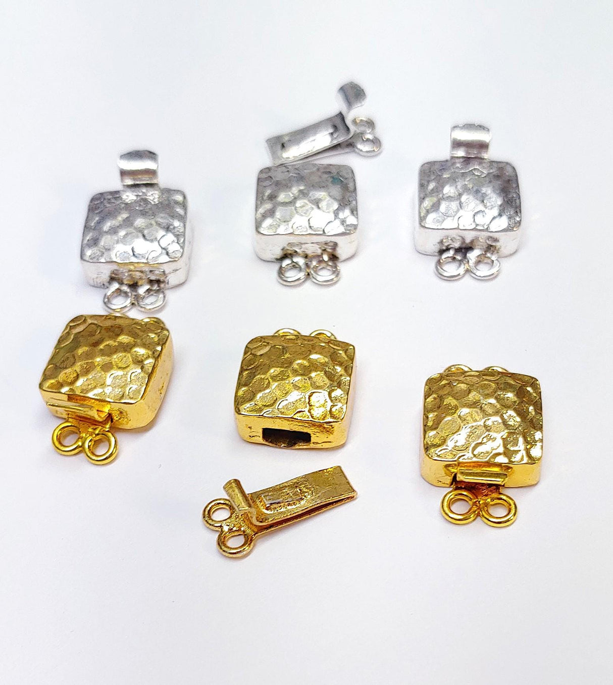 Hammered Square Box Clasp, 2-Strand Silver Plated or Gold Plated, 20MM With Strand Rings, 13MM Wide, 6MM Thick, Qty 1