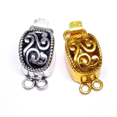 Filigree Bali Box Clasp, 2 Strand 18K Gold Plate or Silver Plate, 25x12x10mm, Qty 1