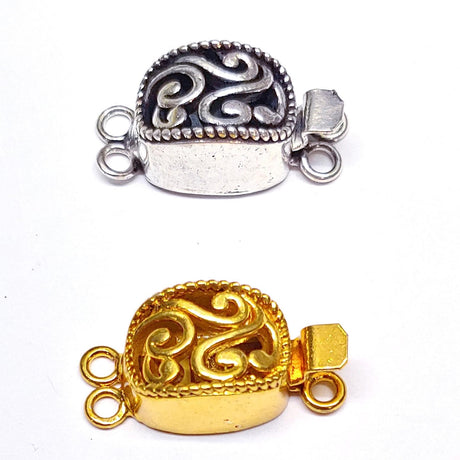 Filigree Bali Box Clasp, 2 Strand 18K Gold Plate or Silver Plate, 25x12x10mm, Qty 1