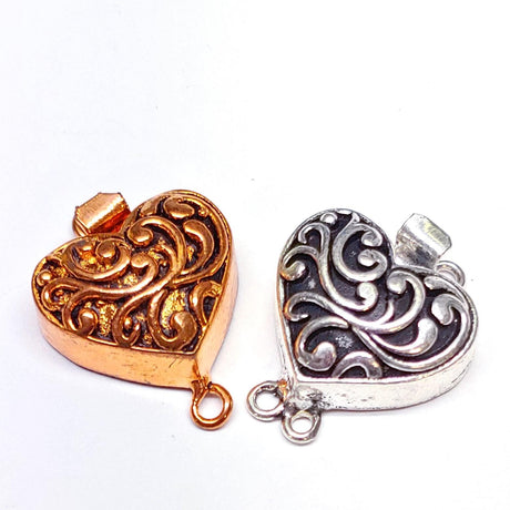 Heart Box Clasp, 1 or 2 Strand Silver Plate or Copper, 22x25x8mm, Qty 1