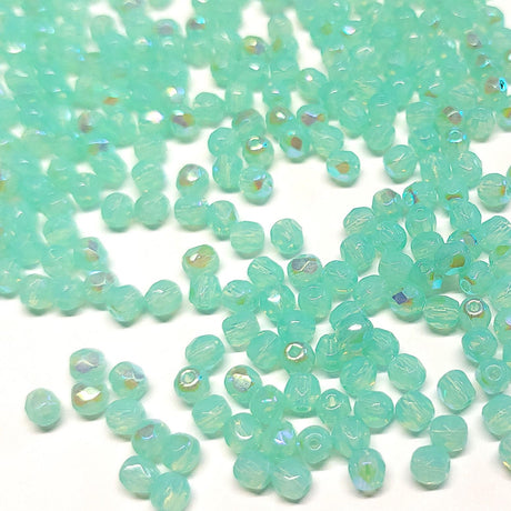 3mm Fire Polish Green Aqua Opal AB, Czech glass faceted round, 61100-28701