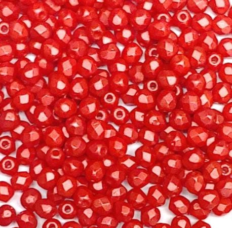 3mm Fire Polish Pastel Dark Coral, Czech glass faceted round bead, 50 beads