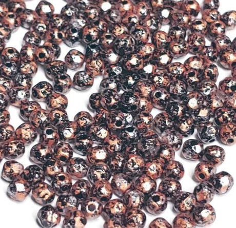 3mm Fire Polish Vintage Copper Jet Tweedy, Czech glass faceted round bead, 50 beads