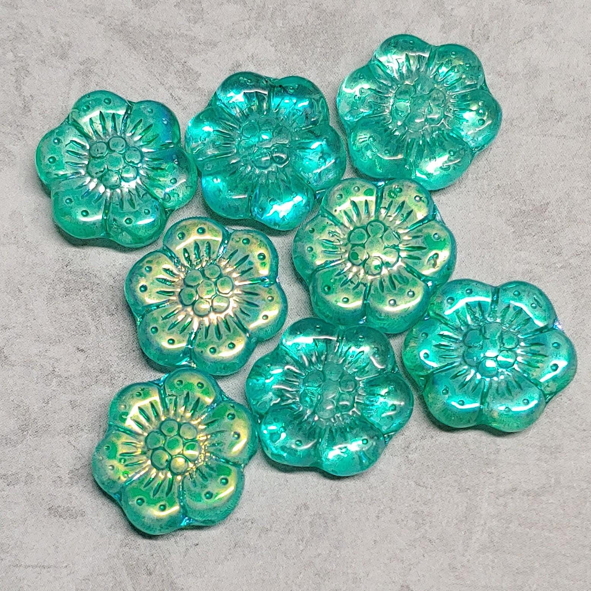 Flower Bead, Green AB Czech Flower Bead, Glass Bead 14mm, 12 beads